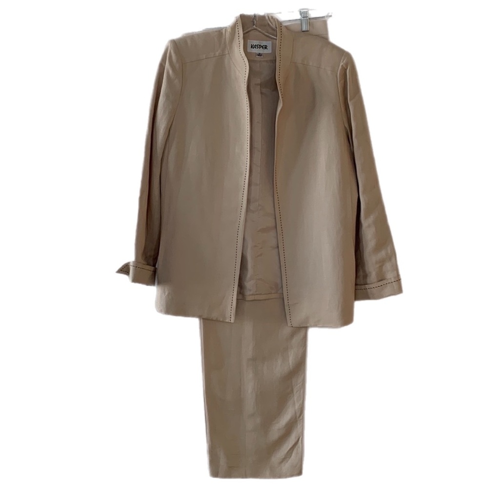 Kasper Women’s Pant Suit with Jacket Tan Linen Blend Size 10 Business Casual